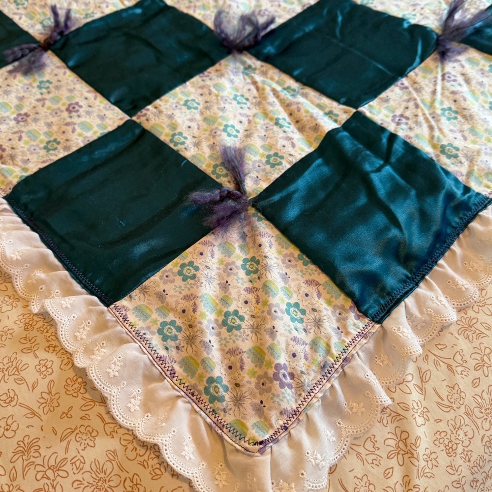 Handmade Patchwork Baby Quilt Teal Satin Floral Eyelet Lace Ruffle 34x44